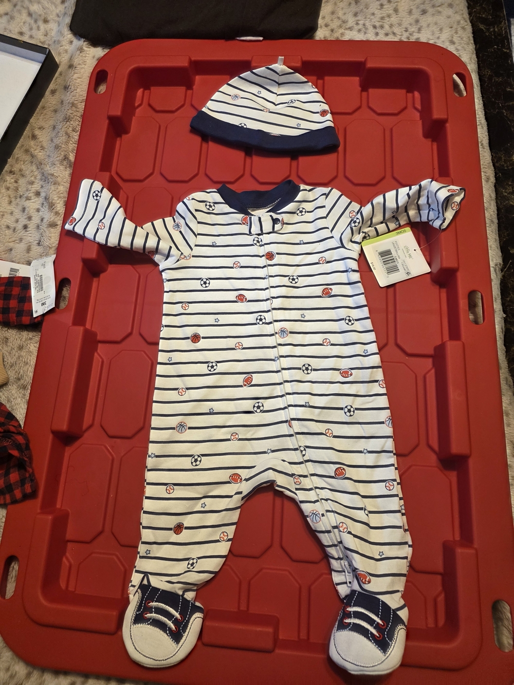 Unbranded Navy & White Striped Soccer Footed One-Piece with Hat
